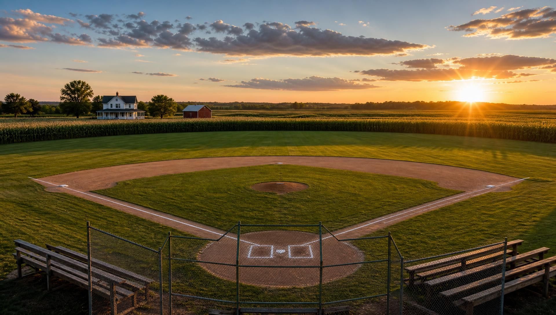 A full-size baseball field in Iowa at sunset — home plate and backstop in the foreground, dirt infield and pitcher's mound, a wide mowed outfield, and a wall of corn with a white farmhouse and red barn beyond it